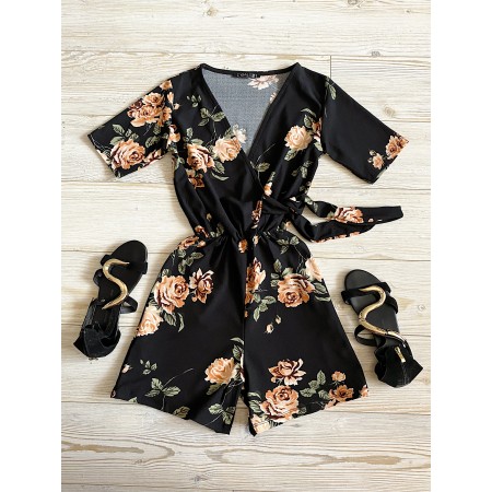 Salopeta dama casual scurta neagra cu imprimeu flori corai